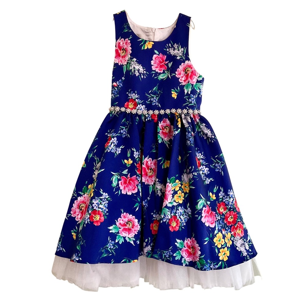 Couture Princess Girls Floral Party Dress Blue Pink Tulle Sz 12 Special Occasion